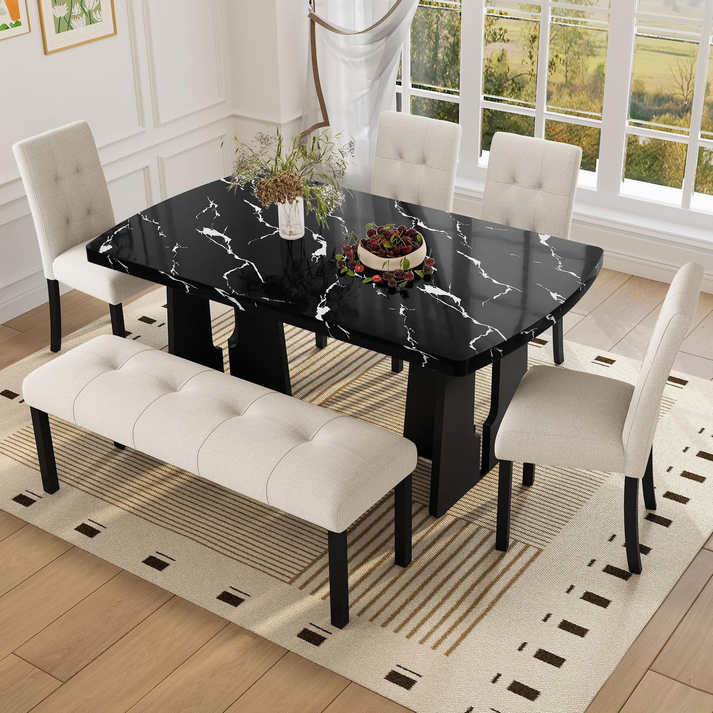 Merax 6-Piece Dining Table Set with Modern Faux Marble Oval Kitchen Tabletop, Four Upholstered Chairs and One Bench for Dining, Living Room, Kitchen, Easy Assembly, Black+Beige