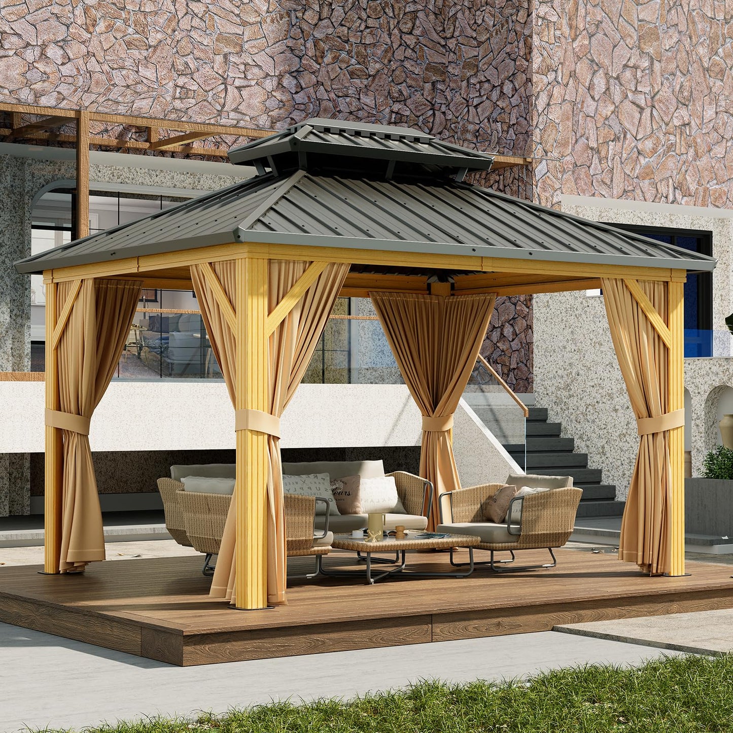 GarveeLife 10x12 ft Double Roof Hardtop Gazebo, Heavy Duty Galvanised Steel Hardtop Pavilion with Netting and Curtains, Faux Wood Grain Metal Gazebo for Patio, Terrace, Lawn and Deck, Wood Grain