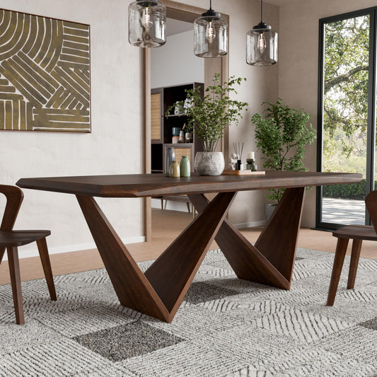 Furniture of America Nazaen III 82.5" Mid-Century Modern Solid Wood Live Edge Dining Table with Steel Support, Walnut Finish, Seats 4–6
