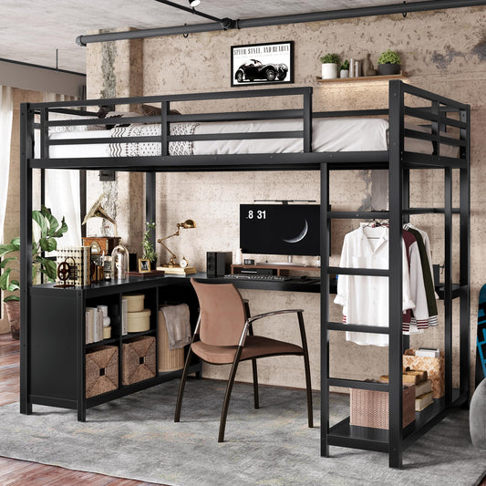 KEIKI Twin XL Metal Loft Bed with L-Shaped Desk and Wardrobe, Heavy Duty Loft Bed Frame with Storage Shelves & Cubes, Space Saving Loft Bed for Kids Teens Adults, Noise Free, Easy Assembly, Black