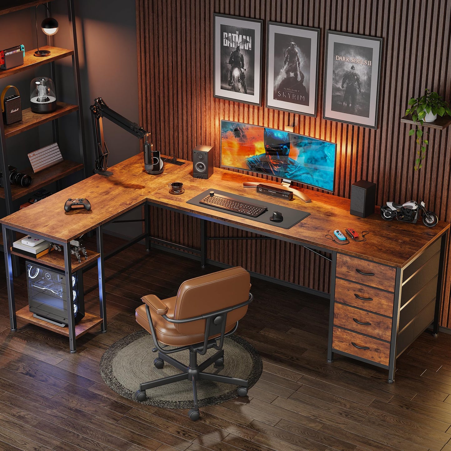 Huuger 63 Inch L Shaped Desk with Fabric Drawers, Computer Office Desk with Power Outlets and USB-C Port, Corner Desk with Storage Shelves, for Gaming Work Study Home Office, Reversible, Rustic Brown
