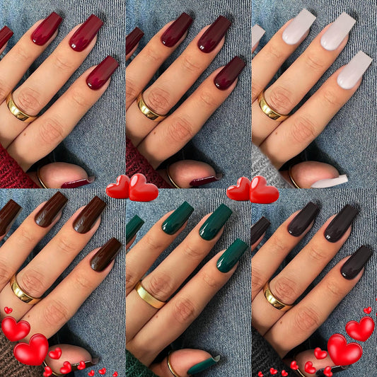 KQueenest 6 Packs Press On Nails Long, Acrylic Fake Nails Long Square, Natural Fit False Nails Press Ons, Dark Color Glue On Nails Medium Coffin for Women Valentine Day Gift Kit 144 Pcs