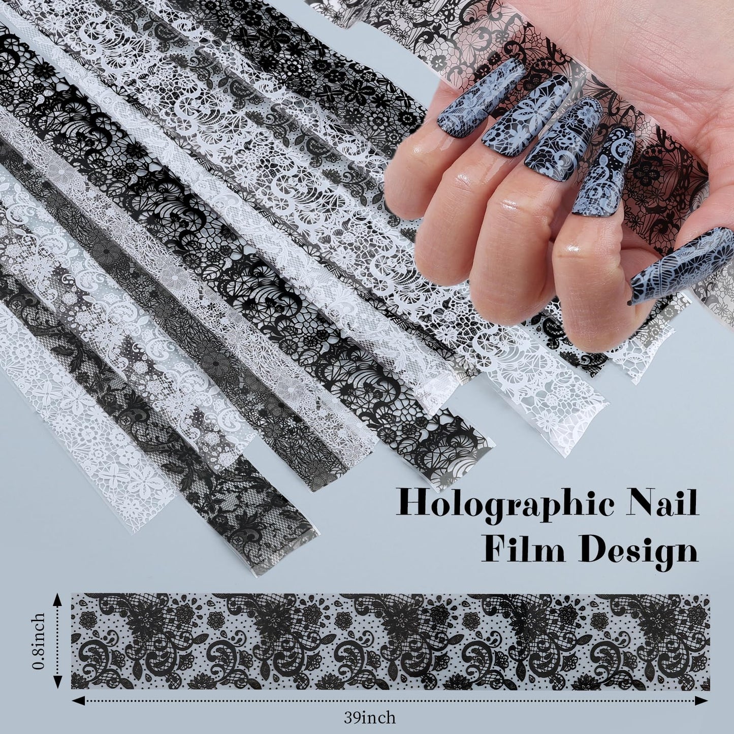 20 Rolls Lace Nail Foil Sheets, Black and White Flower Nail Transfer Foil, Nail Art Decals and Holographic Foils for DIY Acrylic Nails, Manicure Stickers and Nail Decoration for Women