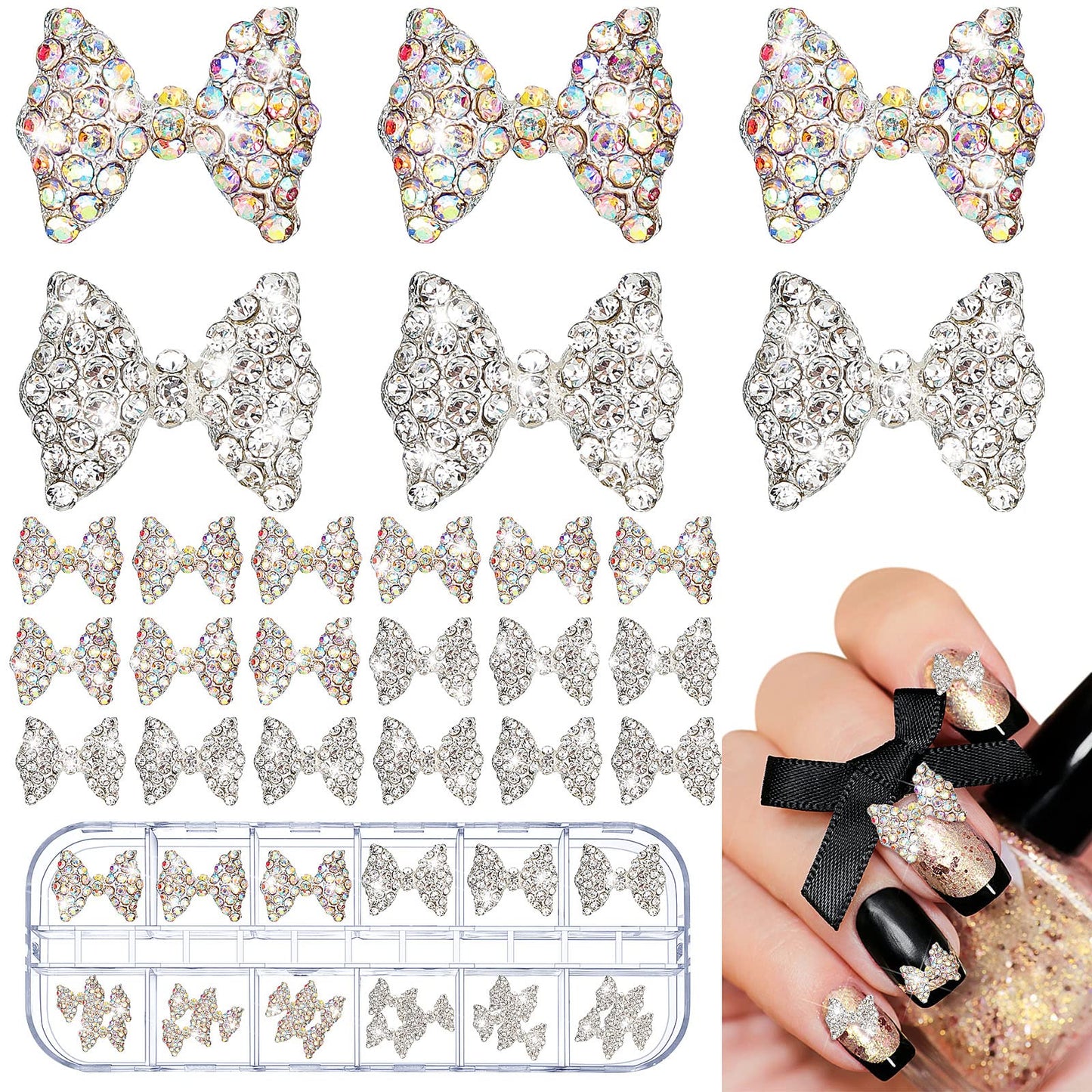 Maitys 24 Pieces Nail Bows Charms Rhinestones 3D Charms Alloy Pearl Bow Knot Accessory for Valentine's Day Women DIY Xmas Salon Jewelry Craft(Silver, Laser)