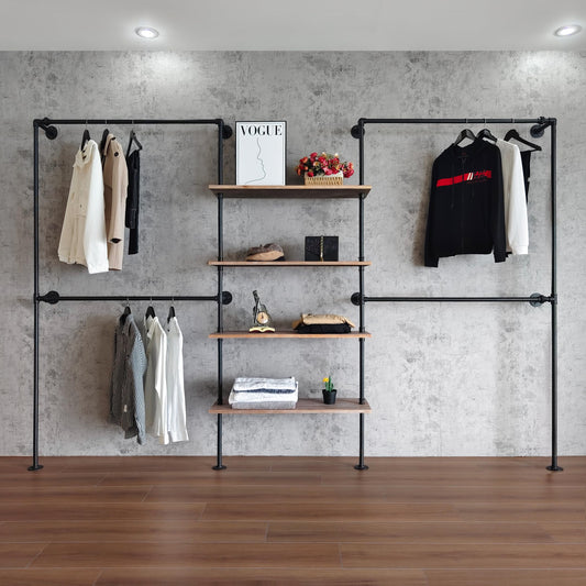 Anynice Industrial Pipe Clothing Rack Wall Mounted, DIY Custom Closet System with Shelves, Heavy Duty Garment Hanging Rack for Walk in Closet, Laundry Room, Retail Display, 14.6x122.8x82.7 in, Y05