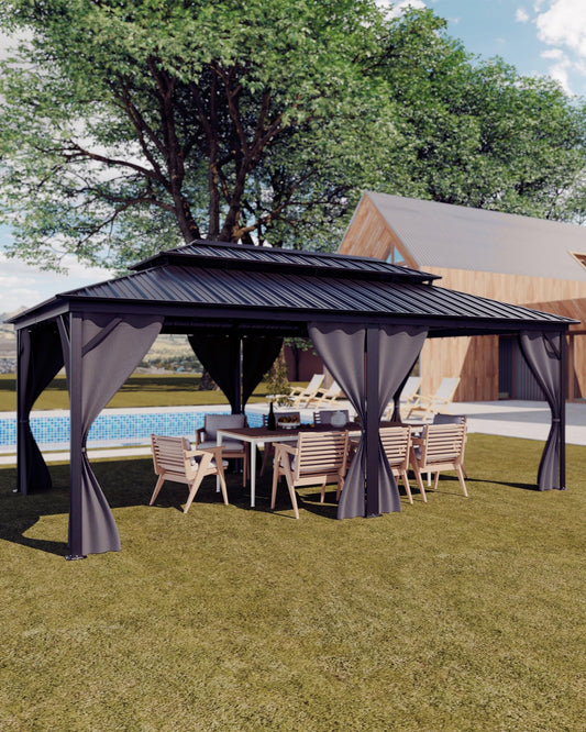 GarveeLife Hardtop Gazebo 12 ft x20 ft for All Weather, with Double Metal Roof, Aluminum Alloy Frame, Net, and Curtain, Permanent Building for Patio, Deck, Backyard, Lawn, and Garden