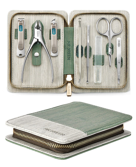 Manicure Set 8 in 1,Professional Pedicure kit,Stainless Steel Manicure Kit,Portable Travel Grooming Kit Nail Care Tools,Nail Clippers Pedicure Tools with Leather Travel Case (Green)