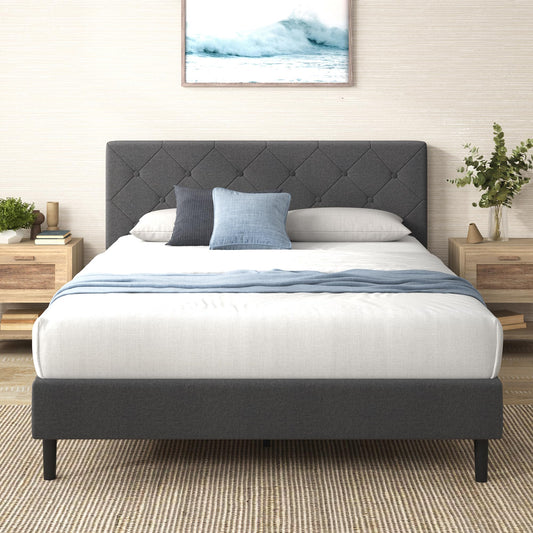 Zinus Queen Shalini Upholstered Platform Bed Frame with Headboard [New WonderBox(TM) Version], Wooden Slat Support, No Box Spring Needed, Easy Assembly, Eco Friendly Packaging, Dark Grey