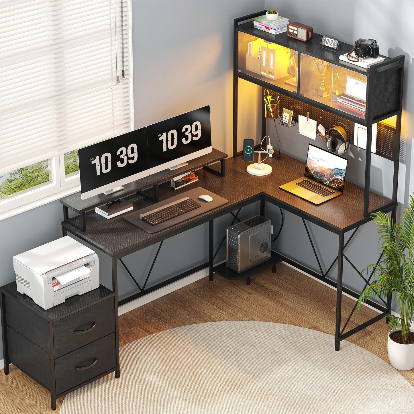 kepptory L Shaped Gaming Desk with DIY Pegboard, Home Office Computer Desk with Raised Display Stand, 2 Drawers and LED Glass Cabinets, Corner Desk with Printer Desktop&Power Outlet, Black