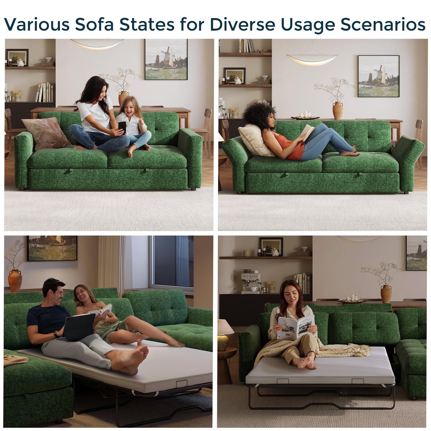 LINSY Oversized Sectional Sleeper Sofa 118" Pull Out Couch with Storage Chaise, Convertible Sofa Bed with Memory Foam Topper, Comfy L Shaped Couches for Living Room Apartment Dorm Room, Green