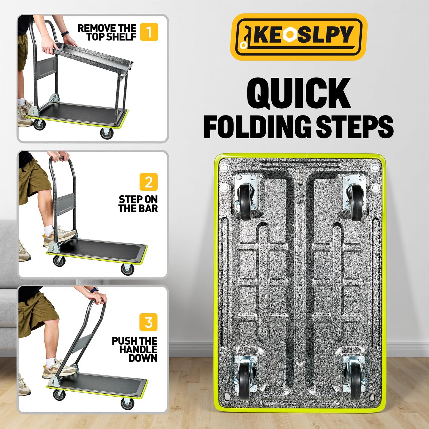 Keoslpy Upgraded Push Cart Dolly, 700lbs Foldable Platform Cart with Wheels, 2 Tier Heavy Duty Platform Truck, Moving Flatbed Cart for Warehouse, Garage, Workshop, Office 28.75" x 18.5" x 34"