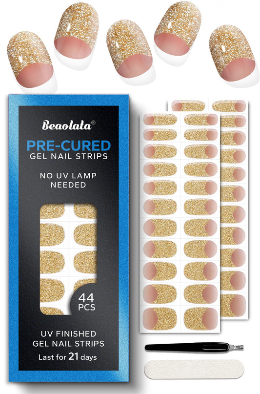 Beaolata Real Gel Nail Strips (No UV Light Needed) - 44Pcs Salon Quality Nail Stickers - Long Lasting Polish Wraps for Women, Easy Apply & Remove (Gold Haze