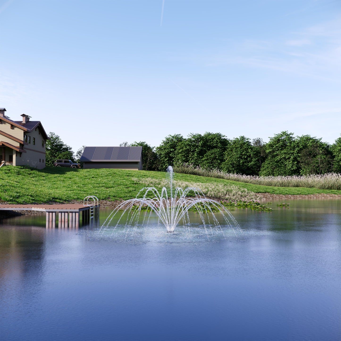 FS02 110V, 1/2 HP Large Pond Floating Fountain, Oil Free Pump 9000 GPH with 100’ Cord, Two Spray Patterns Included