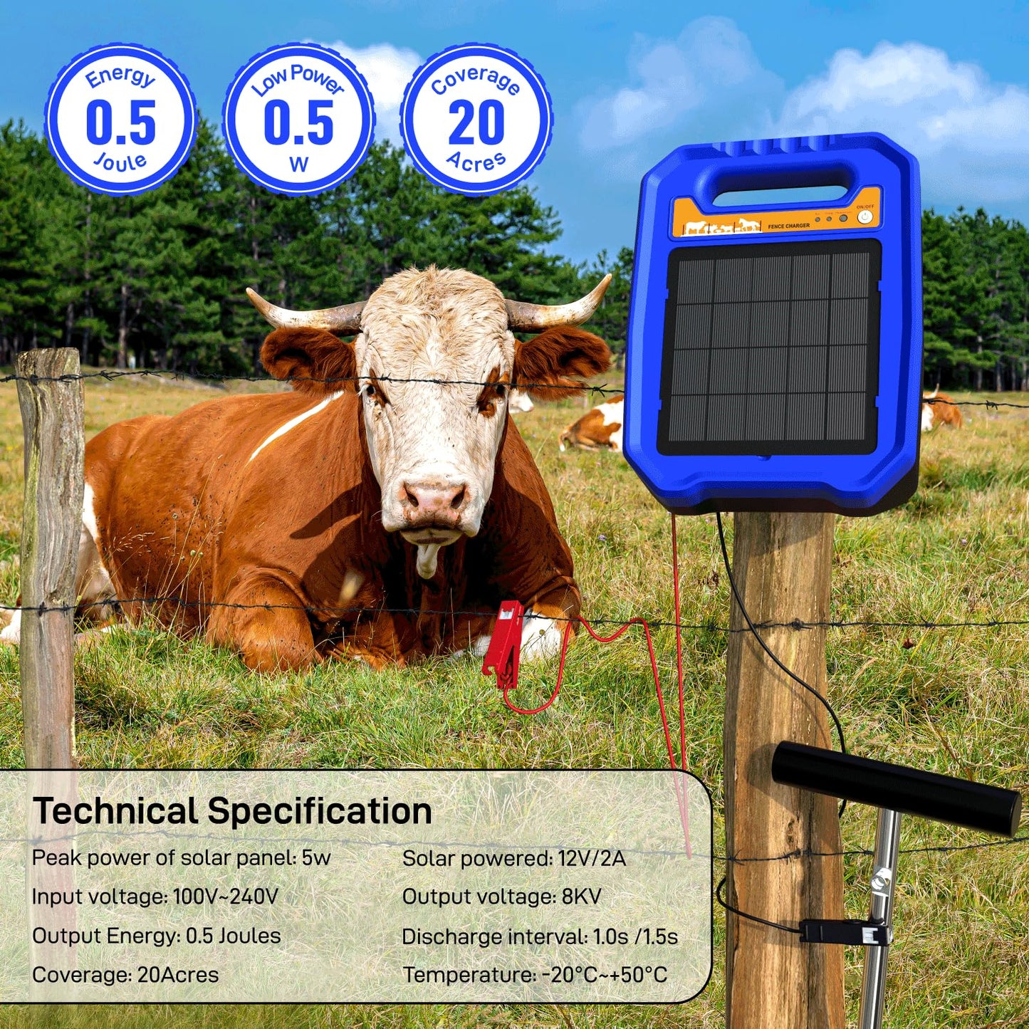Solar Electric Fence Controller, 0.5J Solar-Powered Electric Fence Charger with Auto Day/Night Mode Ideal for Farms, Backyards, Ranches, and Gardens