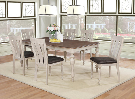 Roundhill Furniture Arch Solid Wood Dining Set: Table with Extension Leaf, Six Chairs, Distressed White and Dark Oak