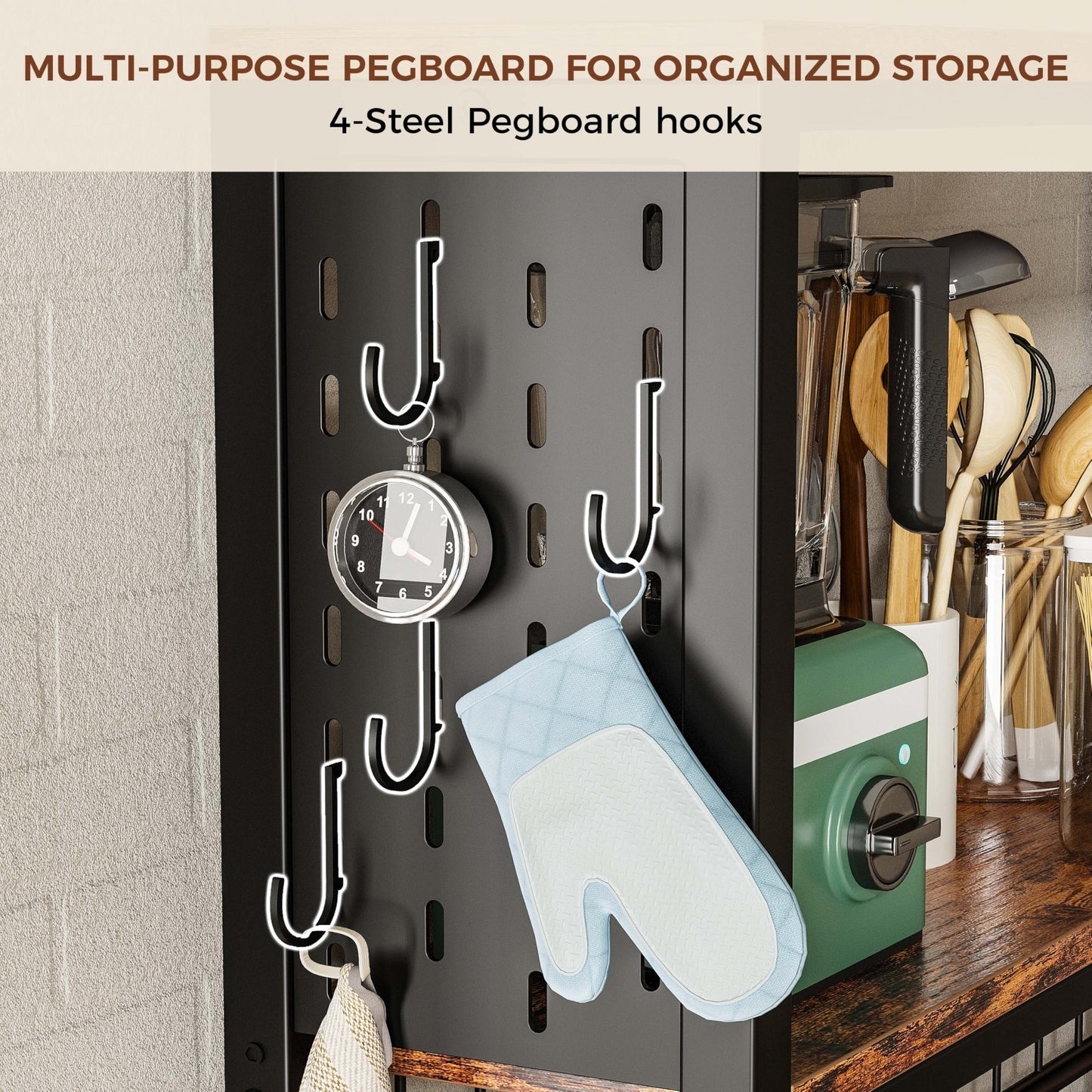 IRONCK Bakers Rack with Power Outlet & Storage, 45.5" W Coffee Bar Cabinet with Wine Rack & Pegboard, Industrial Microwave Stand with 10 Hooks & 3 Wire Basket, Kitchen Shelves, Rustic Brown