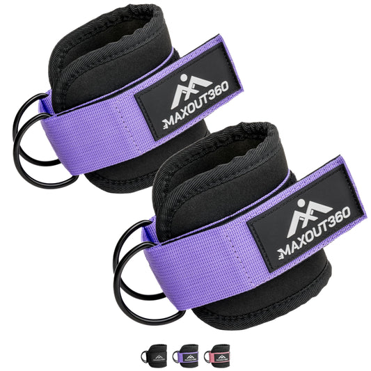 MaxOut360 Gym Ankle Straps for Cable Machines, Thick Padded Ankle Cuff Cable Attachment for Booty Workouts, Kickbacks, Hip Abductors, Lower Body Exercises, Purple Pair