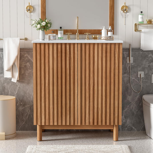 Merax 29.9" Bathroom Vanity with Ceramic Sink, Solid Wood Legs, MDF Cabinet, U-Shaped Adjustable Shelf, Space-Saving Bathroom Storage Cabinet, Traditional American Style