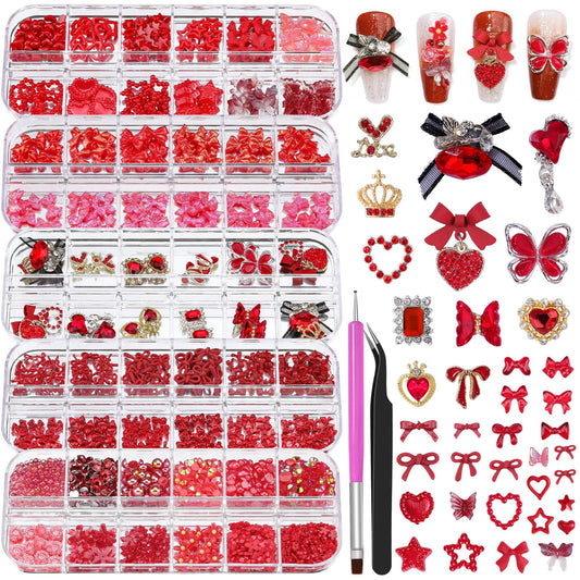 5 Boxes Nail Charms and Gems, 24Pcs Y2k Alloy Nail Art Rhinestone Charms 3D Bow Flower Crown Heart Star with Tweezers and Pick up Tools for Women Nail Design DIY Crafts Face Makeup Gems Jewels(Red)