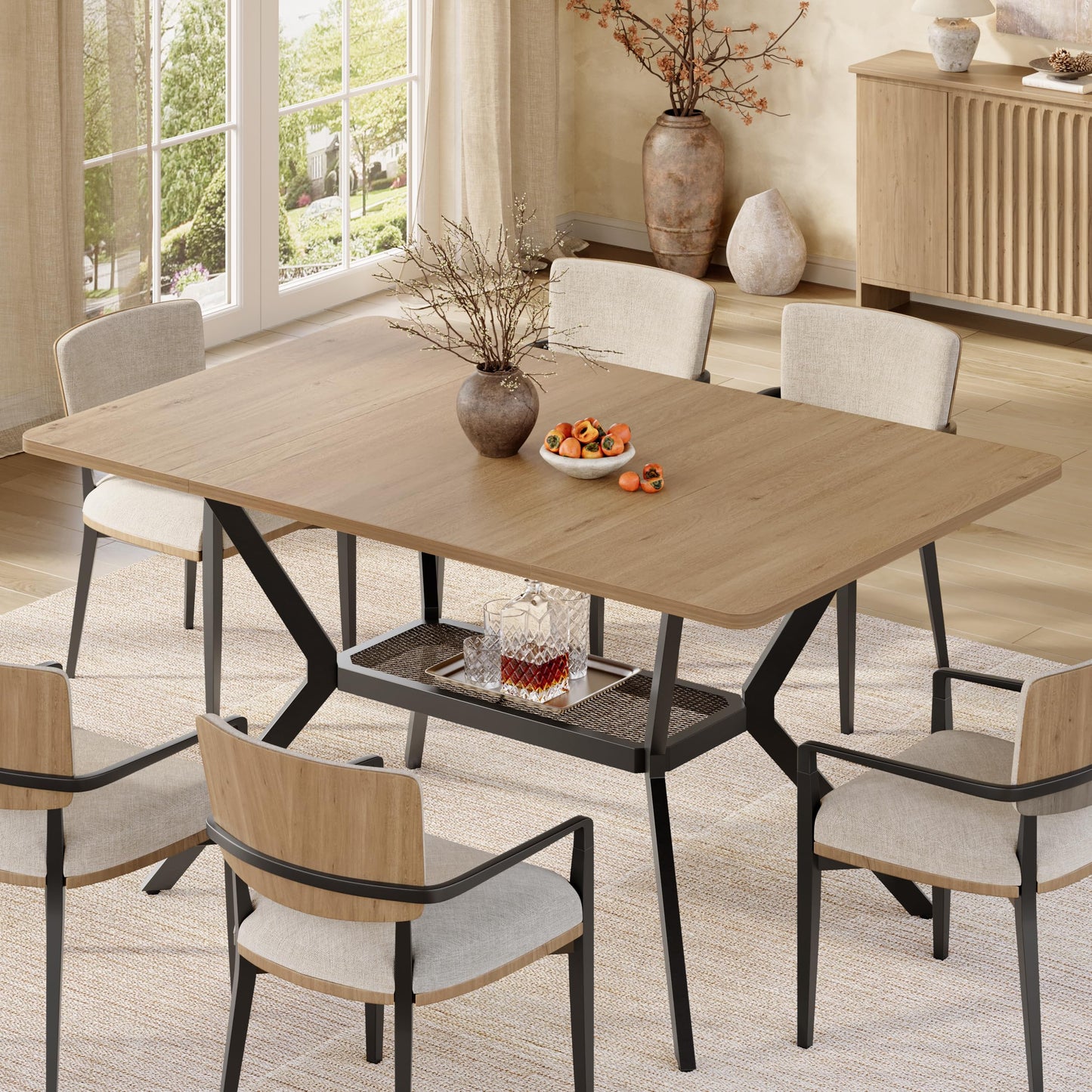 MECHYIN 55" Dining Table for 4-6, Industrial Kitchen Table with Spacious Storage Shelf, Sturdy Metal Frame Rectangle Dining Table for Dining Room, Small Apartments, Home Office