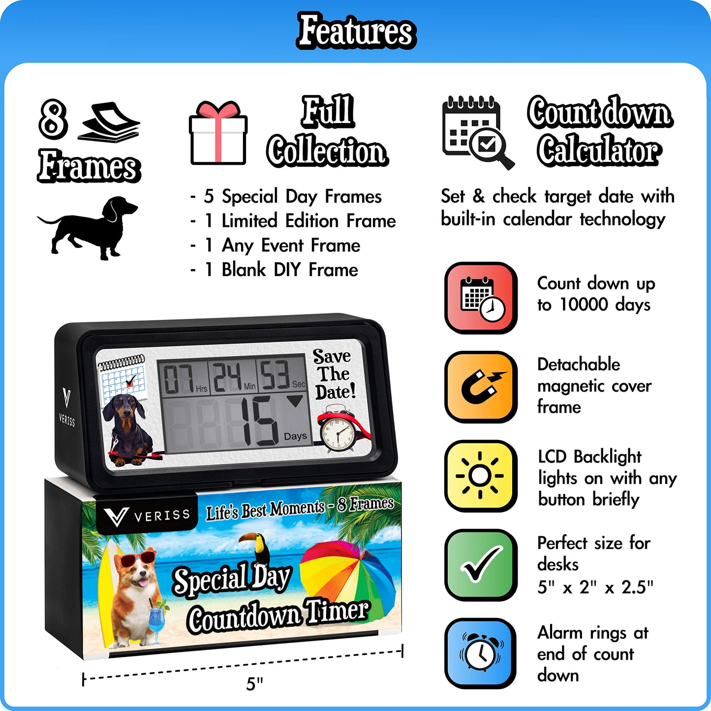 Veriss Digital 9999 Days Countdown Clock Timer with Backlight - Count Down Your Retirement, Wedding, Christmas, Vacation and All Calendar Event Dates in Your Life - Dog Collection (Black - 8 Frames)