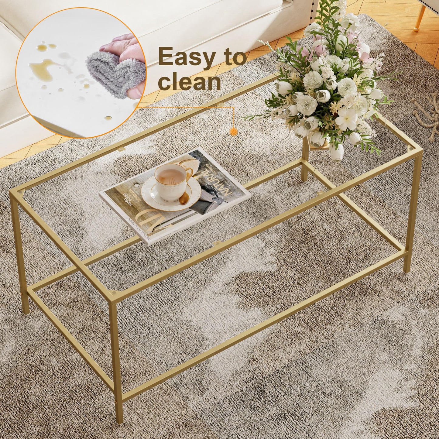 Homleke Glass Coffee Table, Modern Rectangular Coffee Table for Living Room, Minimalist Center Tea Table with Sturdy Metal Frame for Apartment, Office, Easy Assembly, 39.4 x 19.7 x 17.7 Inches, Golden