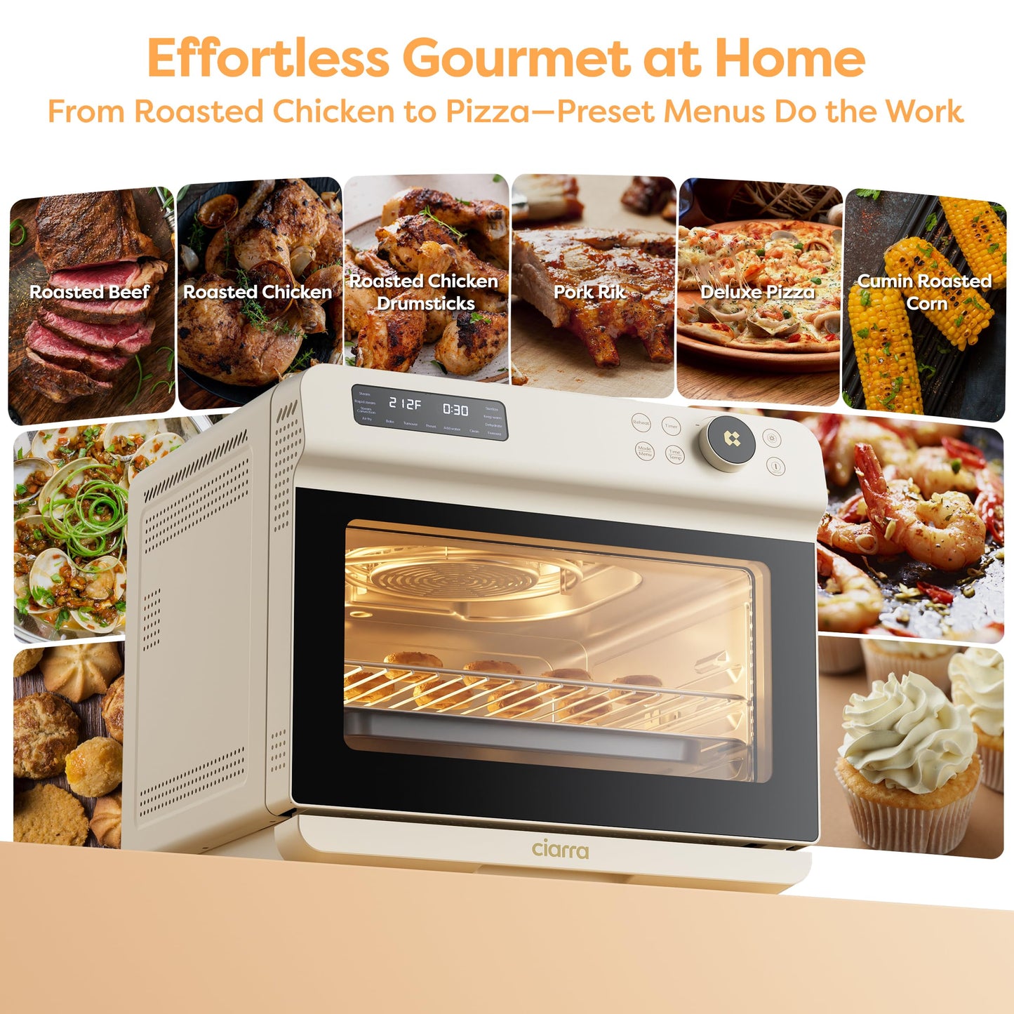 CIARRA 12-in-1 Countertop Steam Oven with Air Fryer, 25.4QT Steam Air Fryer Combo Nosh Oven Pro - Convection Toaster, Bake, Self-Clean, Dehydrate, Ferment, White