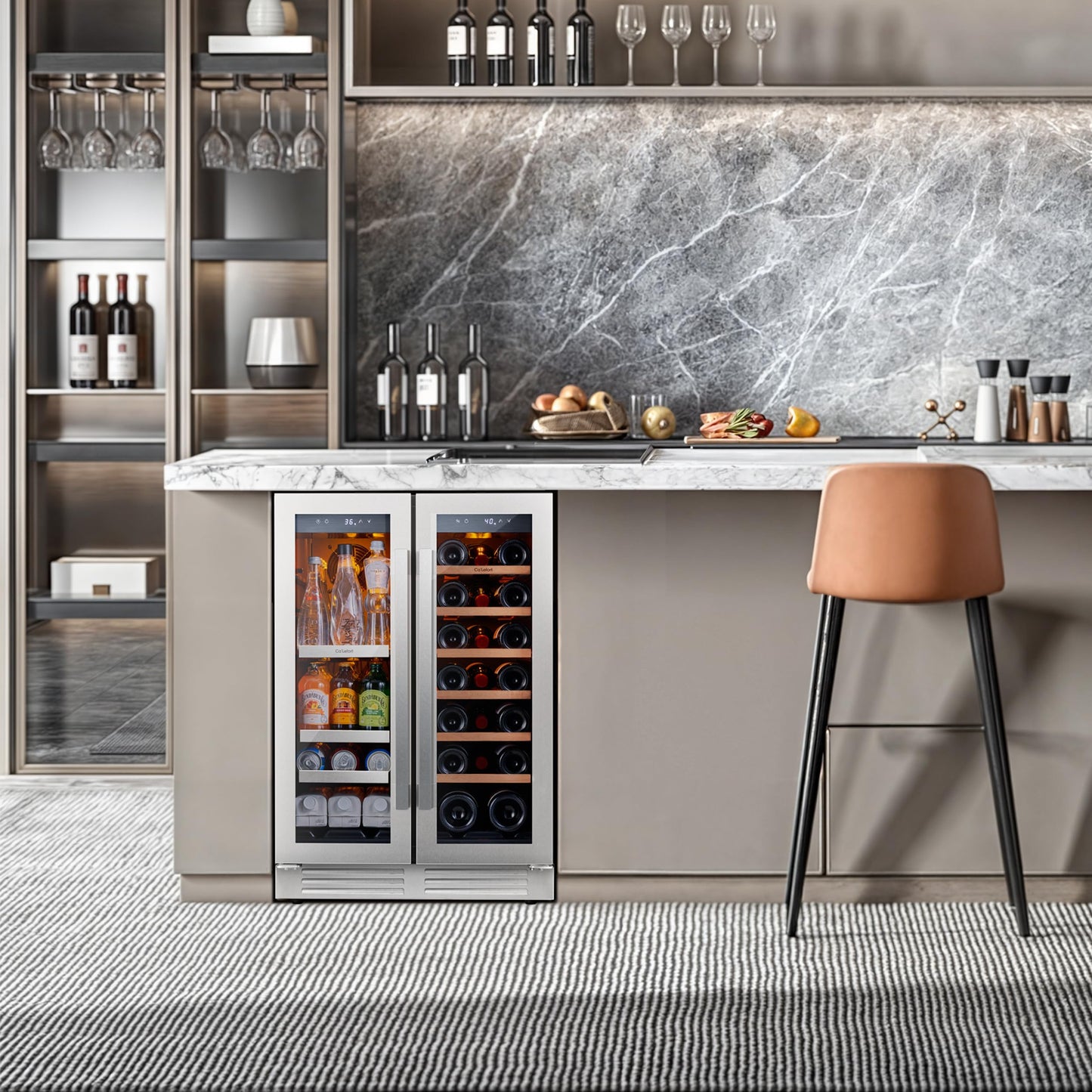 Ca'Lefort 24 Inch Wine and Beverage Refrigerator, 60 Cans 20 Bottles Dual Zone Cooler with Glass Door, 3 LED Built-in Compressor Fridge with Adjustable Shelves for Home Office Bar (4.1 cu.ft)