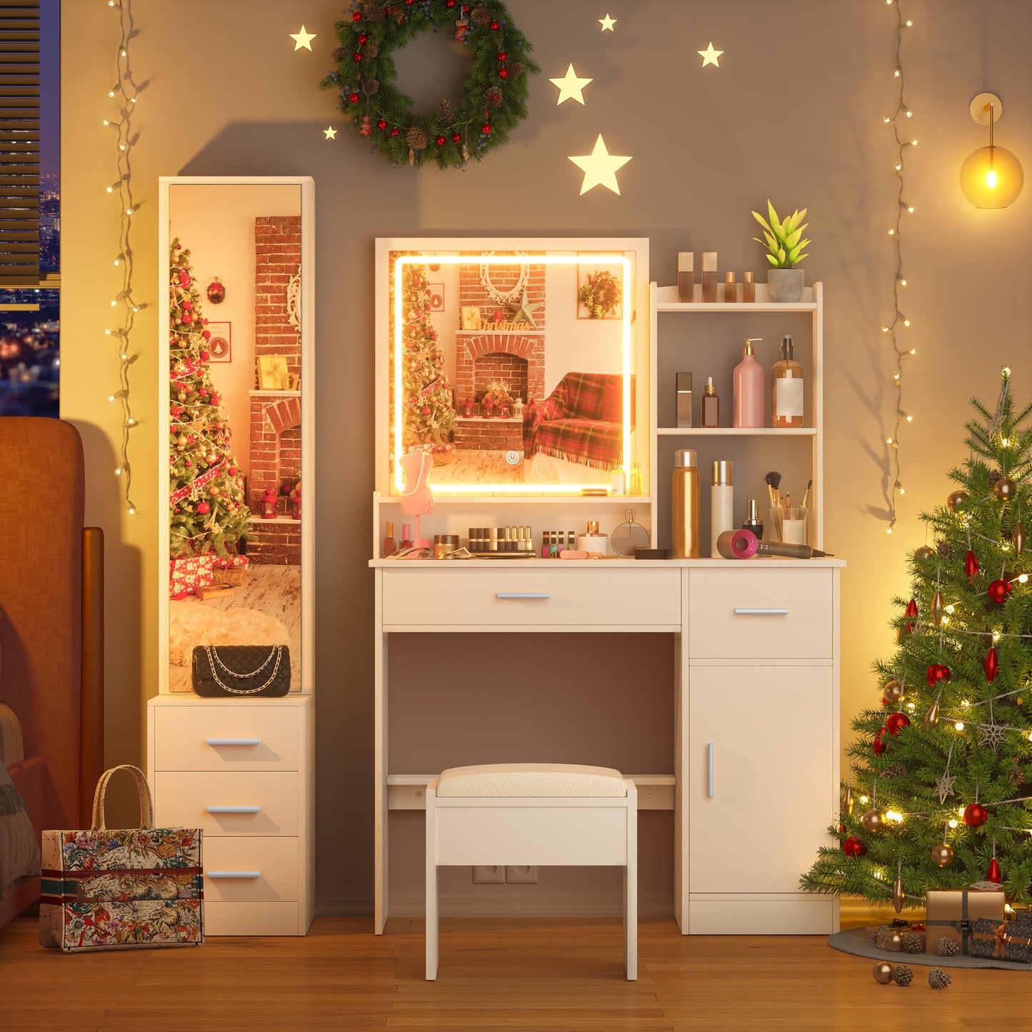 INTERGREAT Makeup Vanity Desk with Lights and Full-Length Mirror, White Vanity Table Set with 3 Lighting Modes, Dressing Table with Drawers, Large Vanity Desk for Women and Girls' Bedroom