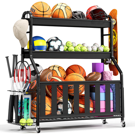 Keepmisc Sports Equipment Organizer, Rolling Ball Storage Cart with Locking Wheels, Hooks & Bat Rack