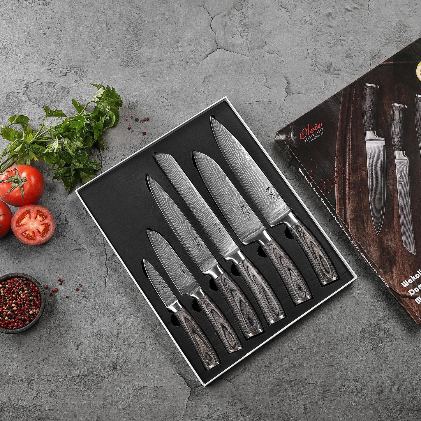 Wakoli EDIS 6-Piece Damascus Kitchen Knife Set – Professional Chef Knives Set with VG10 Core Blades, 67-Layer Damascus Steel & Ergonomic Pakkawood Handles – Premium Kitchen Knives in Elegant Gift Box