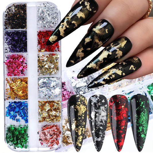 12 Colors Nail Art Sequins Holographic Gold Foil Nails Glitter Mermaid Design Acrylic Art for Women Girls DIY Nail Decoration