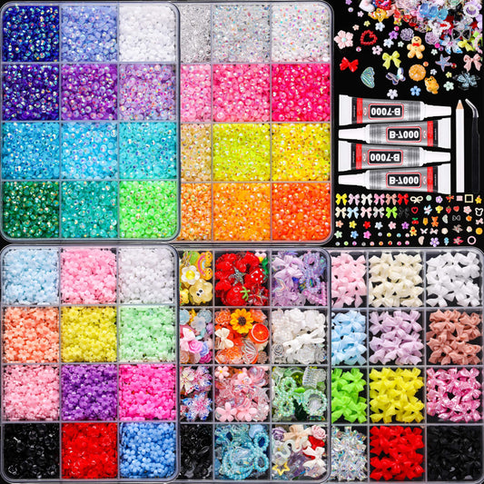 LERBOU Bedazzling Kit – 5 Boxes 3D Nail Art Accessories: 24 Colors Resin Rhinestones, Resin Flowers, Resin Bowknot & Mixed Decorations, 12-Grid Storage, Multi-Colored DIY for Manicure & Nail Art