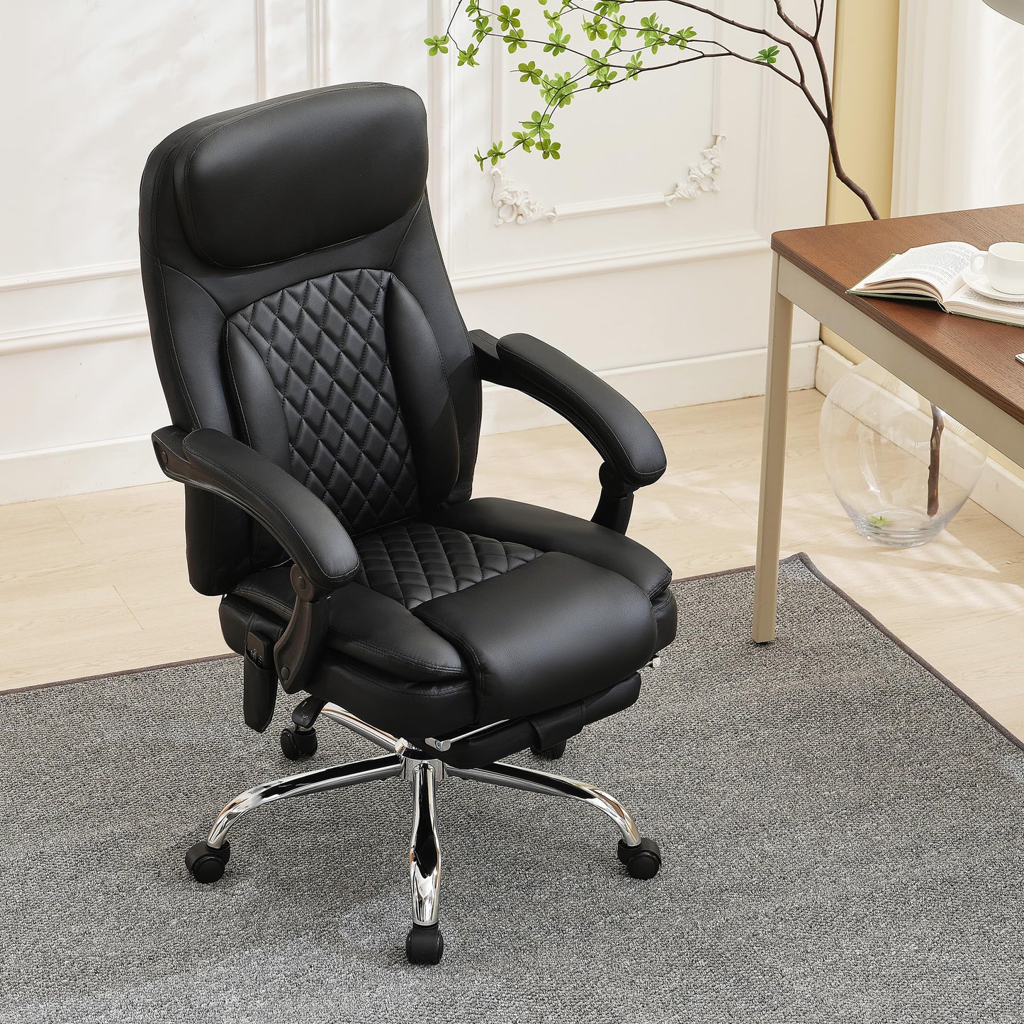 500LBS Massage Office Chair, 6 Points Vibration & Heat Executive Office Chairs, 135°Reclining Comfy Desk Chair with Footrest, Wider & Thicker Seat Cushion, PU Leather Big and Tall Gaming Chair, Black
