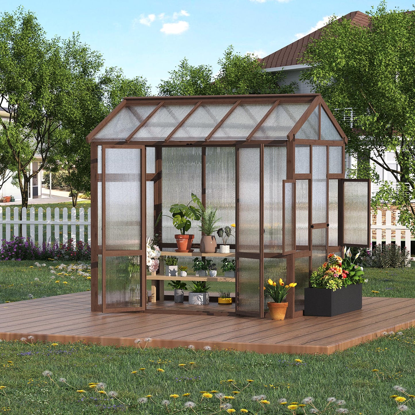 6x8 ft Wooden Greenhouse for Outdoor - Heavy Duty Walk-in Green House Kit with 6 mm Polycarbonate,Ventilated Window & Lockable Door for Backyard,Patio,Lawn