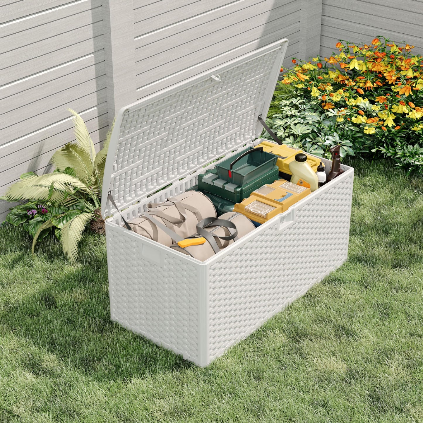 PeacefulHues 99 Gallon Waterproof Large Resin Deck Box Indoor Outdoor, Lockable Storage Container for Patio Furniture Cushions, Throw Pillows, Garden Tools, and Pool Floats, White