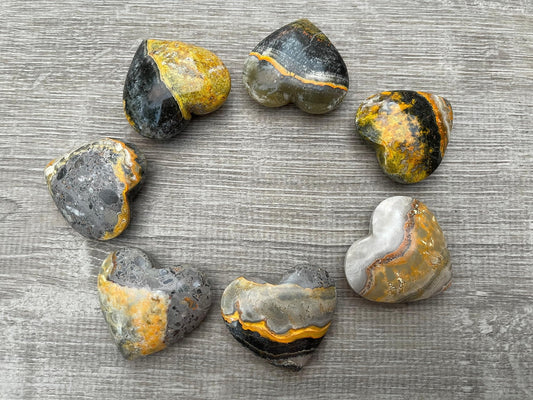 GAF TREASURES Bumble Bee Jasper Gemstone Hearts, Polished Bumble Bee Jasper Puffy Hearts, Bumble Bee Jasper Crystal Palm Stone, Bumble Bee Jasper Healing Crystal Hearts (1 Heart)