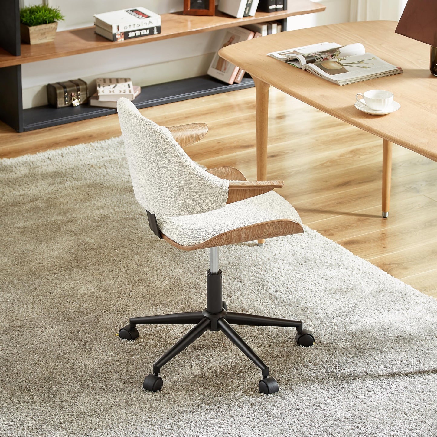 Art Leon Swivel Desk Chair, Mid Century Modern Office Chair with Wheels, Boucle Fabric Upholstered Arm Chair, Adjustable Height Task Chair with Metal Base, Washed Oak Bentwood, White