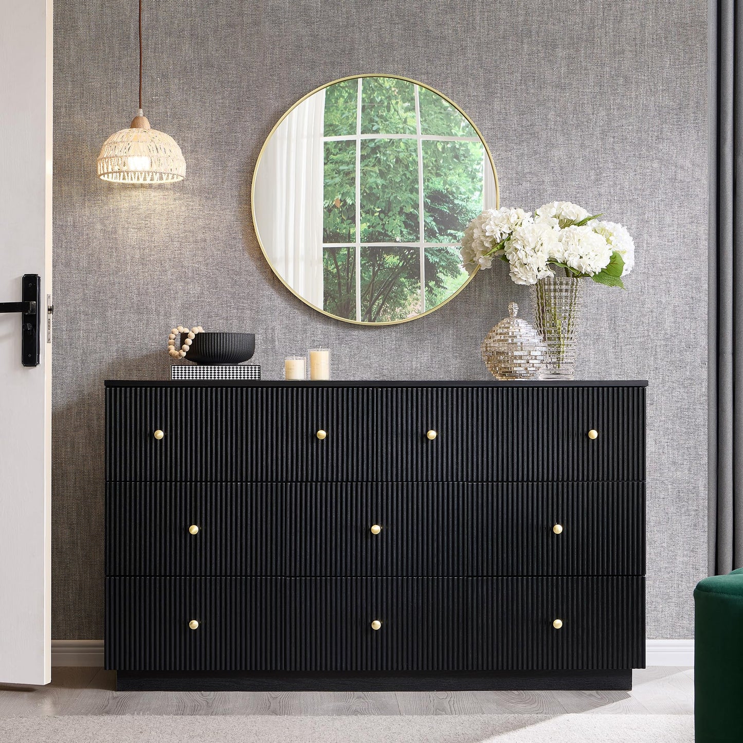 wow97e Fluted Dresser for bedroom, 55"W Black 8 Drawer Dressers, Wood Tall Dresser Storage Organizer, Modern Bedroom Chest of Drawers with Deep Storage for Closet Hallway, Entryway, Living Room Black