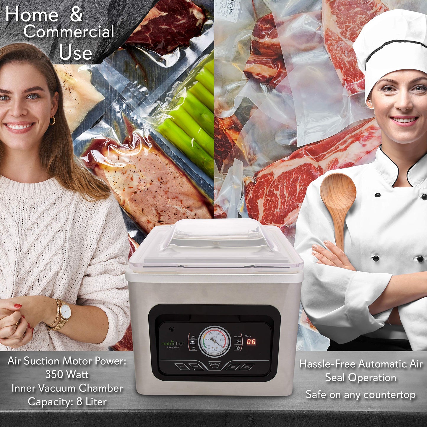 NutriChef 350W Vacuum Sealer Machine - 8L Chamber Commercial Food Sealer, Automatic Meat Packing and Sous Vide System with Digital Control, Includes Vacuum Roll Bags