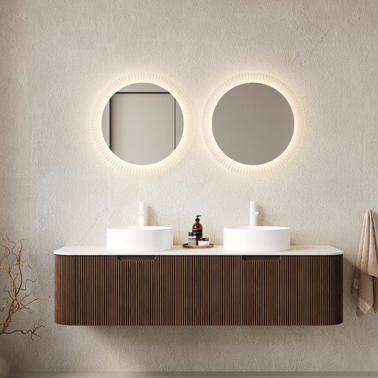 KEIKI 60" Floating Bathroom Vanity with Sink, Double Basin Wall Vanity Cabinet with Curved Edges, 2 Soft-Close Drawers, Pre-Assembled Bathroom Storage Vanity, Walnut