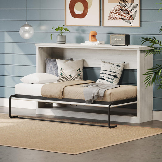 Merax Twin Size Horizontal Murphy Bed Wall Bed, Folding into a Cabinet, Space Saving Foldable Bed for Guest Room, Home Office, Apartment, Sturdy Metal Frame, Rustic White
