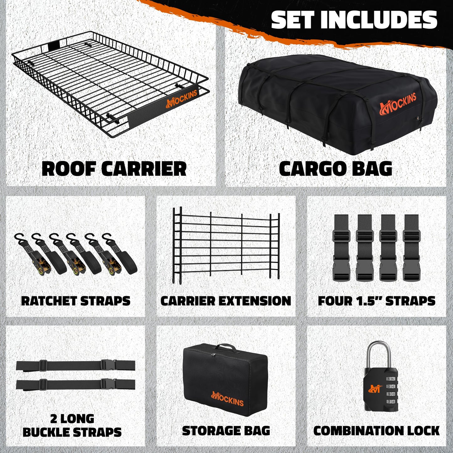 Mockins XXL 90"x50"x6" Heavy Duty Roof Rack Cargo Carrier w/ 50 CuFt Waterproof Rooftop Cargo Bag for Top of Car | All-Weather 250 Lbs Cap Car Top Carrier Roof Basket for SUV RV Van w/Accessories