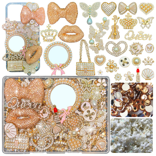 Champagne Gold Junk Case Charms Kit Junks Phones Cases 3D Pearl Butterflies Rhinestone Lips Bows Chain Bags Hearts Crowns Violins And Other Bedazzling Can Be Used In DIY Phone Case Designs