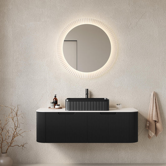 GDFStudio 48" Floating Bathroom Vanity with Sink, DINA Wall Mounted Curved Cabinet, Carrara White Sintered Stone Top, Double Drawer Storage, 3D Striped Finish, Modern Black Rectangular Ceramic Basin
