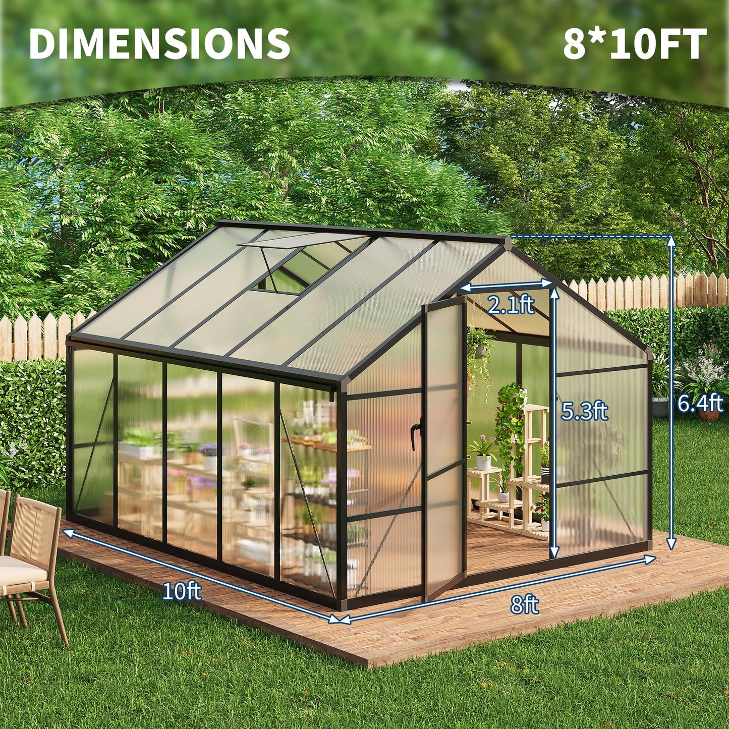 8X10 FT Outdoor Polycarbonate Greenhouse, Sturdy Aluminum Frame, Adjustable Roof Vent, Ideal for Backyard, Patio, or Garden, All-Weather Green House for Growing Plants and Vegetables