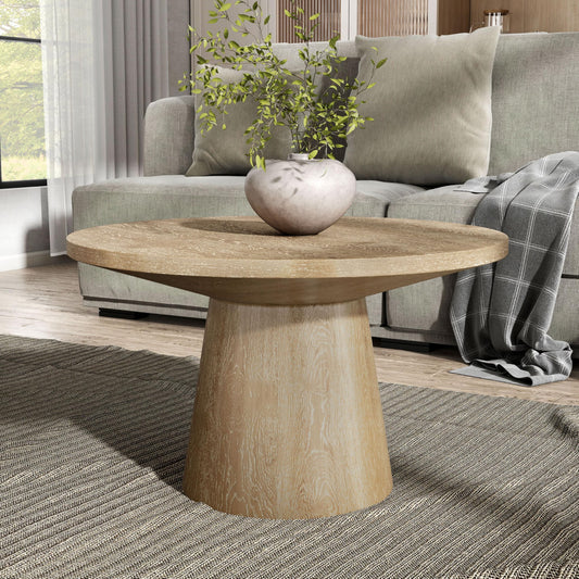 Furniture of America Lestara Modern Solid Wood 29-inch Round Coffee Table with Cone-Shaped Pedestal Base, Living Room Furniture for Small Space, Home Office, Oak