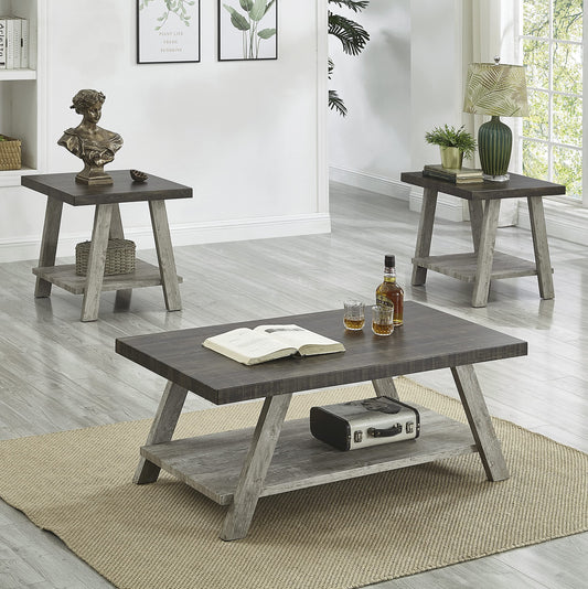 Roundhill Furniture Athens Contemporary 3-Piece Wood Shelf Coffee Table Set, Weathered Walnut and Gray