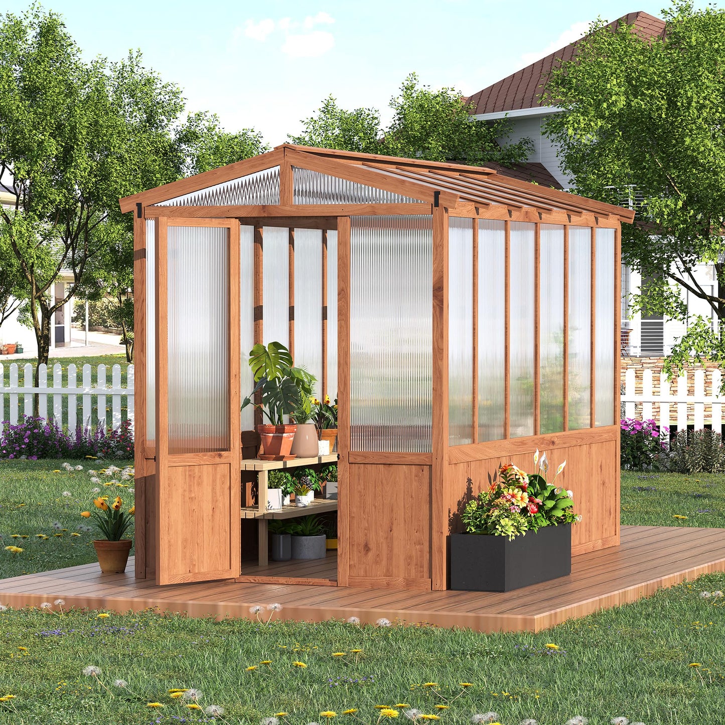 6x10FT Wooden Greenhouses for Outdoors, Wooden Walk-in Green House with Cedar Frame, Greenhouse Kit with 6MM Thick Polycarbonate Panel