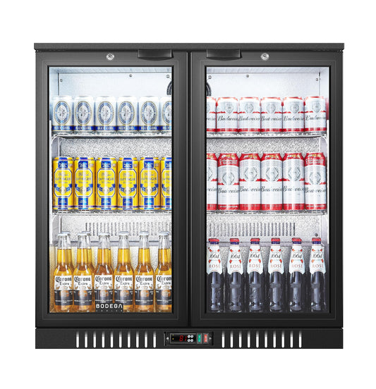 BODEGACOOLER Back Bar Cooler With 2 Glass Doors,Under Counter Back Bar Refrigerator 7.4 Cu.Ft with LED Lighting,Commercial Display Beverage Cooler for Beer,Soda Drinks,Wine